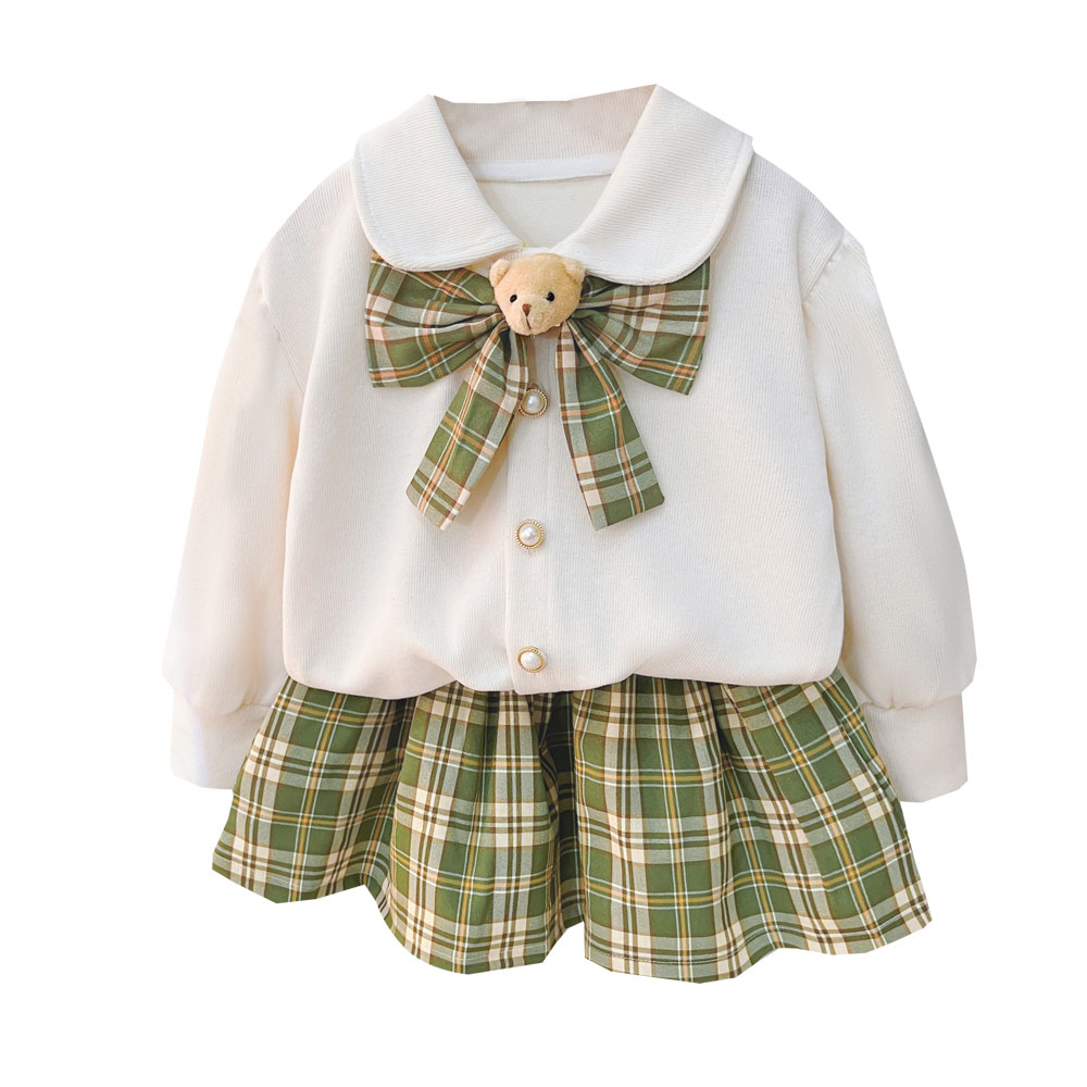 Casual Princess Plaid Bear Bowknot Cotton Girls Clothing Sets display picture 5