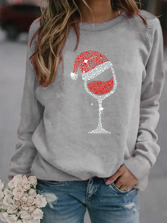 Mujeres Sudadera Manga Larga Sudaderas Con Capucha Y Sudaderas Impresión Casual Gorro Navideño Copa De Vino display picture 3