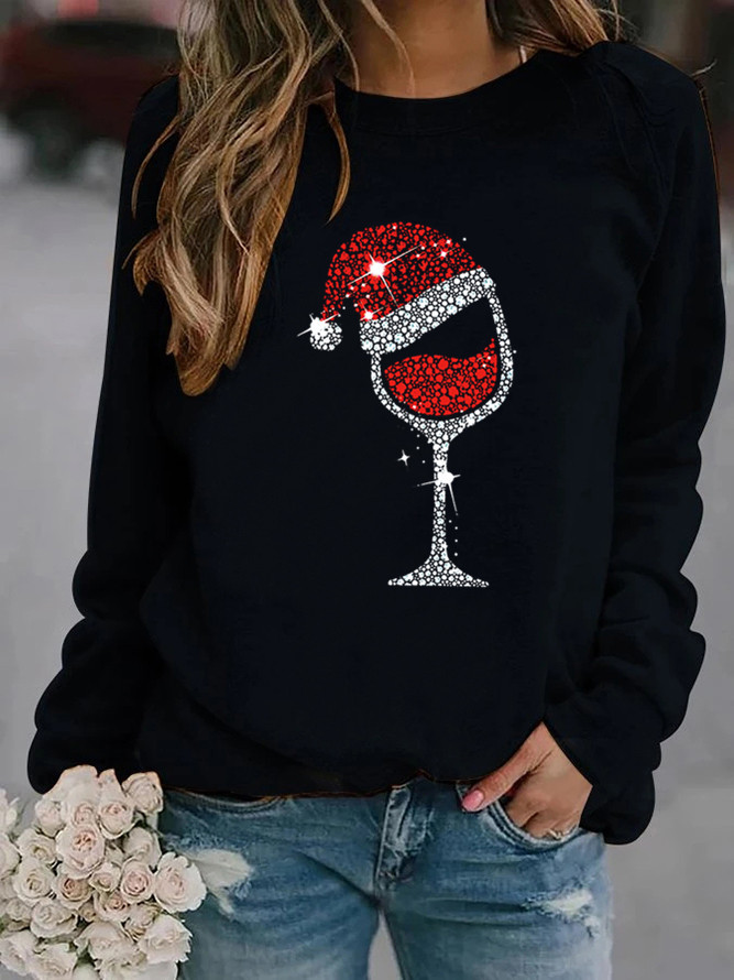 Mujeres Sudadera Manga Larga Sudaderas Con Capucha Y Sudaderas Impresión Casual Gorro Navideño Copa De Vino display picture 5