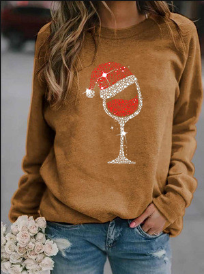 Mujeres Sudadera Manga Larga Sudaderas Con Capucha Y Sudaderas Impresión Casual Gorro Navideño Copa De Vino display picture 7