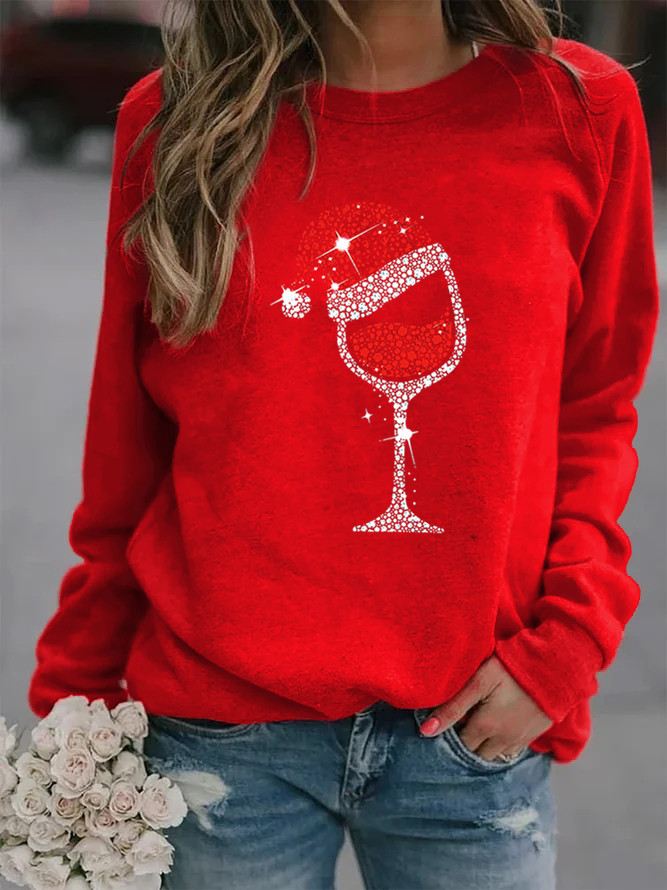 Mujeres Sudadera Manga Larga Sudaderas Con Capucha Y Sudaderas Impresión Casual Gorro Navideño Copa De Vino display picture 9