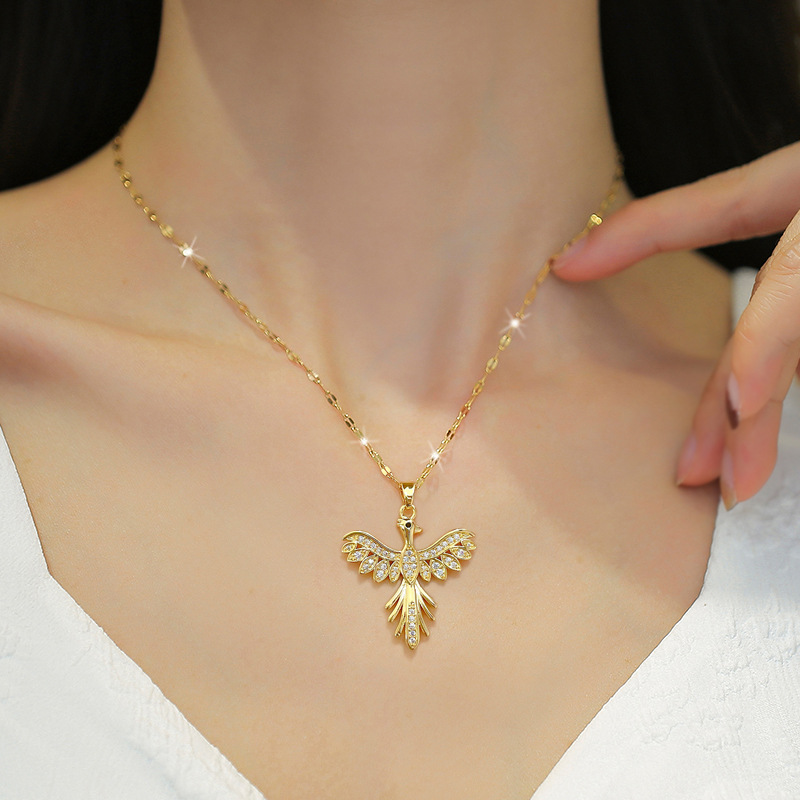 Wholesale Elegant Phoenix Titanium Steel Copper Inlay Artificial Gemstones Pendant Necklace display picture 4