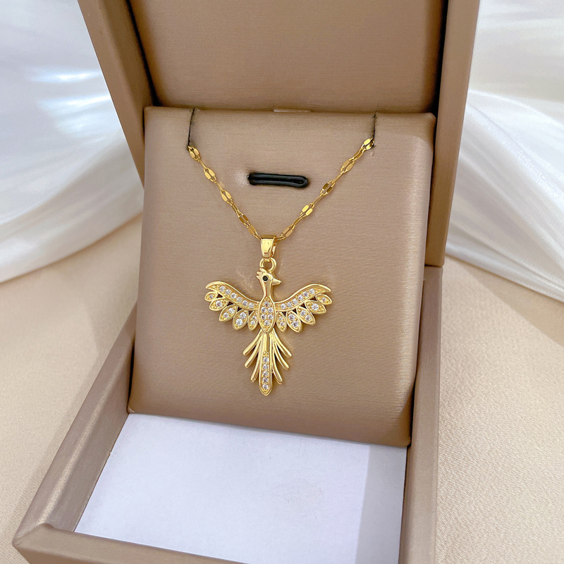 Wholesale Elegant Phoenix Titanium Steel Copper Inlay Artificial Gemstones Pendant Necklace display picture 5