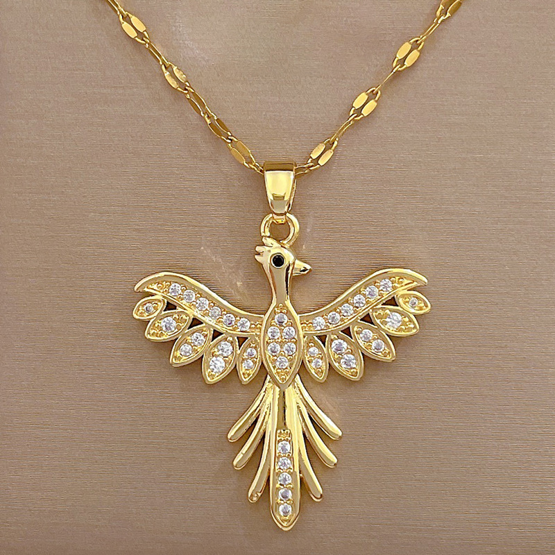 Wholesale Elegant Phoenix Titanium Steel Copper Inlay Artificial Gemstones Pendant Necklace display picture 2