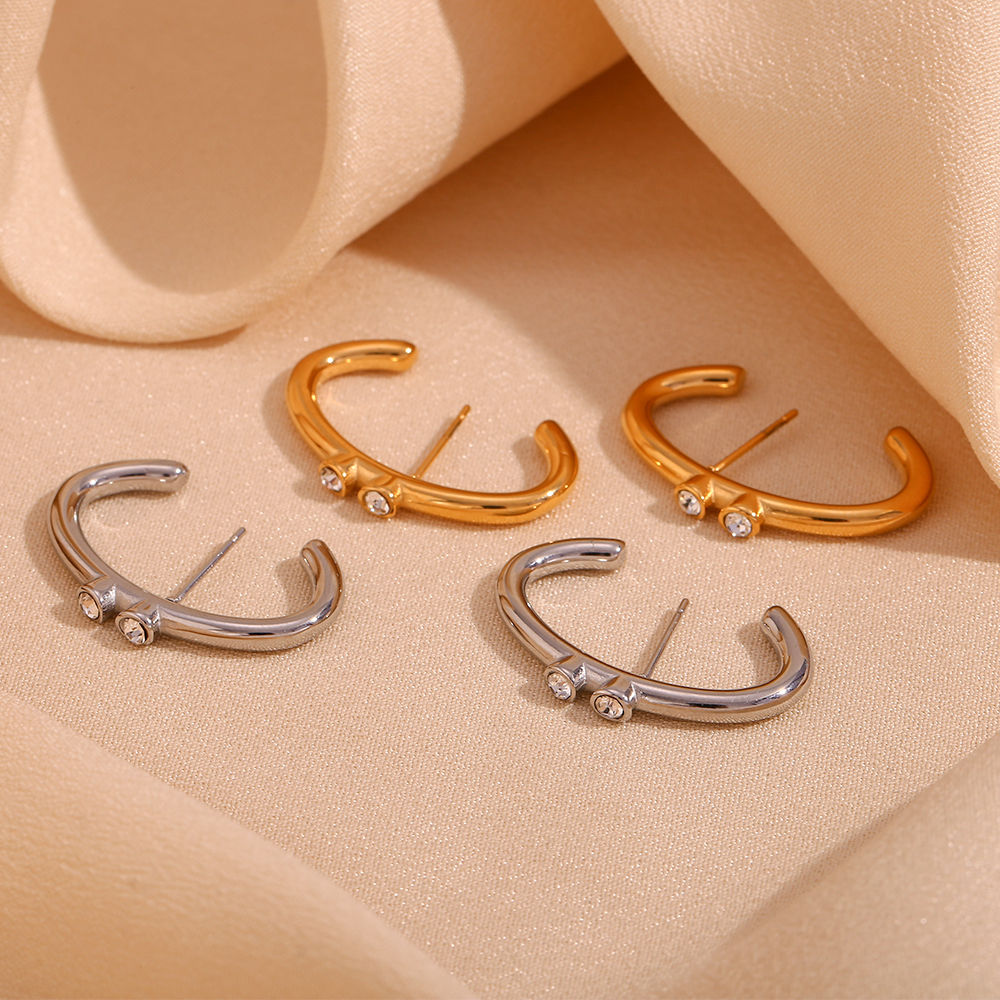 1 Pair Vintage Style Color Block Plating Inlay Stainless Steel Rhinestones Zircon 18k Gold Plated Hoop Earrings display picture 9