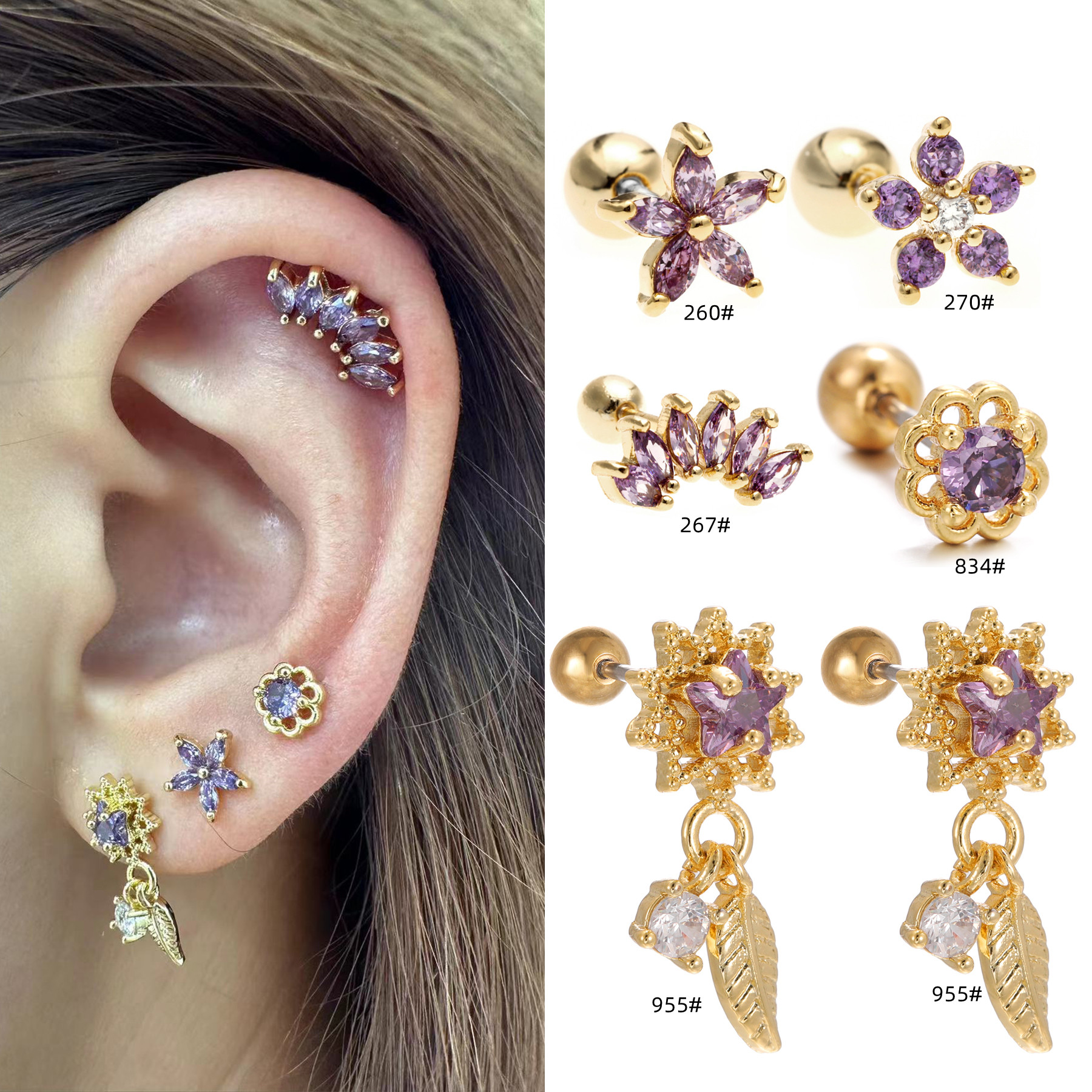 1 Piece Ig Style Simple Style Geometric Flower Plating Inlay Brass Zircon 18k Gold Plated White Gold Plated Ear Studs display picture 1