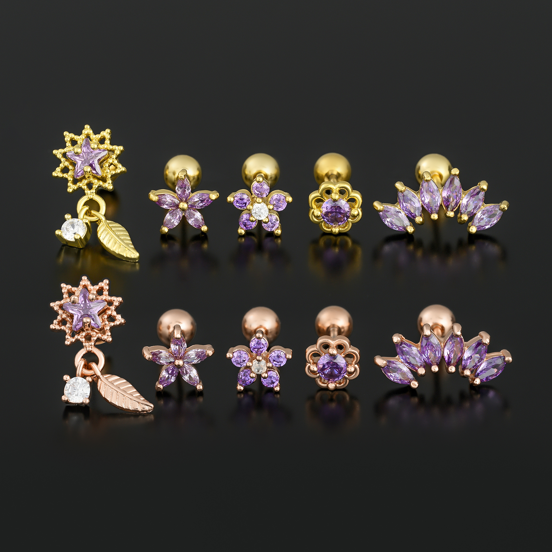 1 Piece Ig Style Simple Style Geometric Flower Plating Inlay Brass Zircon 18k Gold Plated White Gold Plated Ear Studs display picture 2