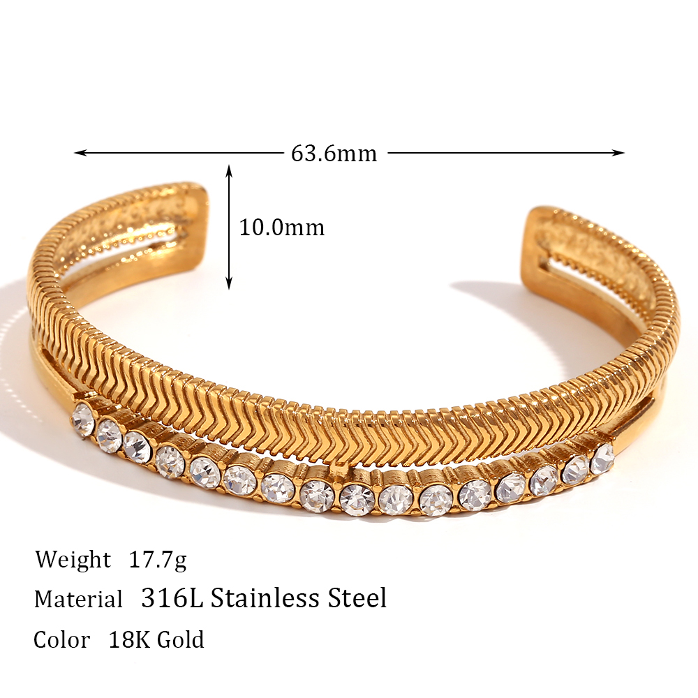 Basic Simple Style Classic Style Solid Color Stainless Steel 18k Gold Plated Rhinestones Cuff Bracelets In Bulk display picture 2