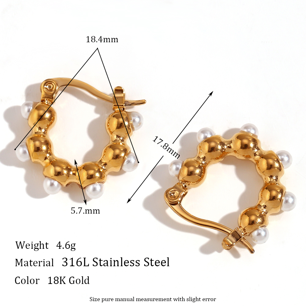 1 Pair Basic Simple Style Classic Style Irregular Plating Inlay Stainless Steel Artificial Pearls 18k Gold Plated Hoop Earrings display picture 2