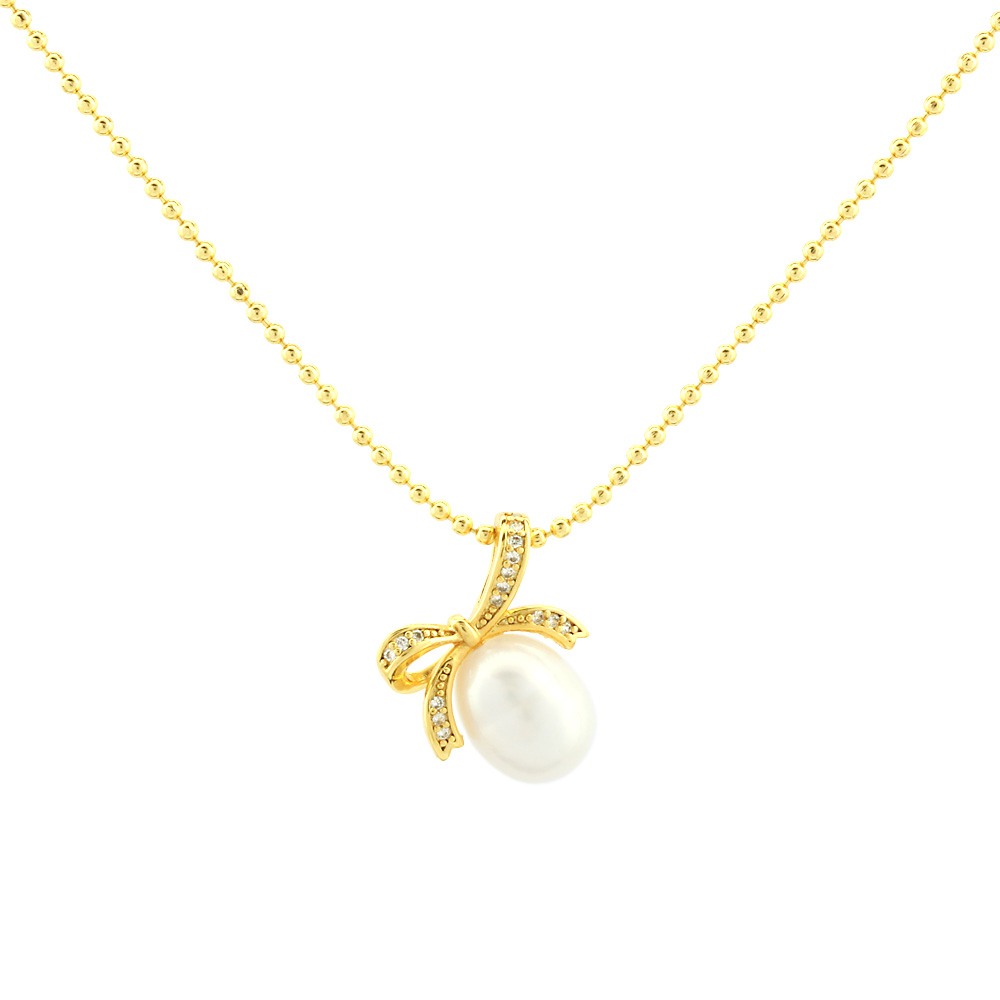 Elegant Simple Style Bow Knot Freshwater Pearl Copper Plating Inlay Zircon 18k Gold Plated Pendant Necklace display picture 6