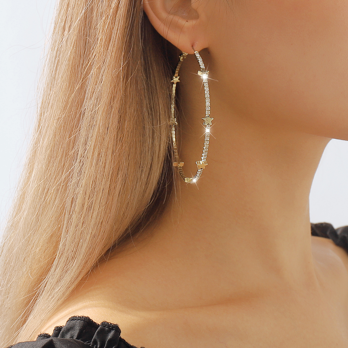 1 Pair Exaggerated Streetwear Shiny Star Inlay Copper Rhinestones Hoop Earrings display picture 6