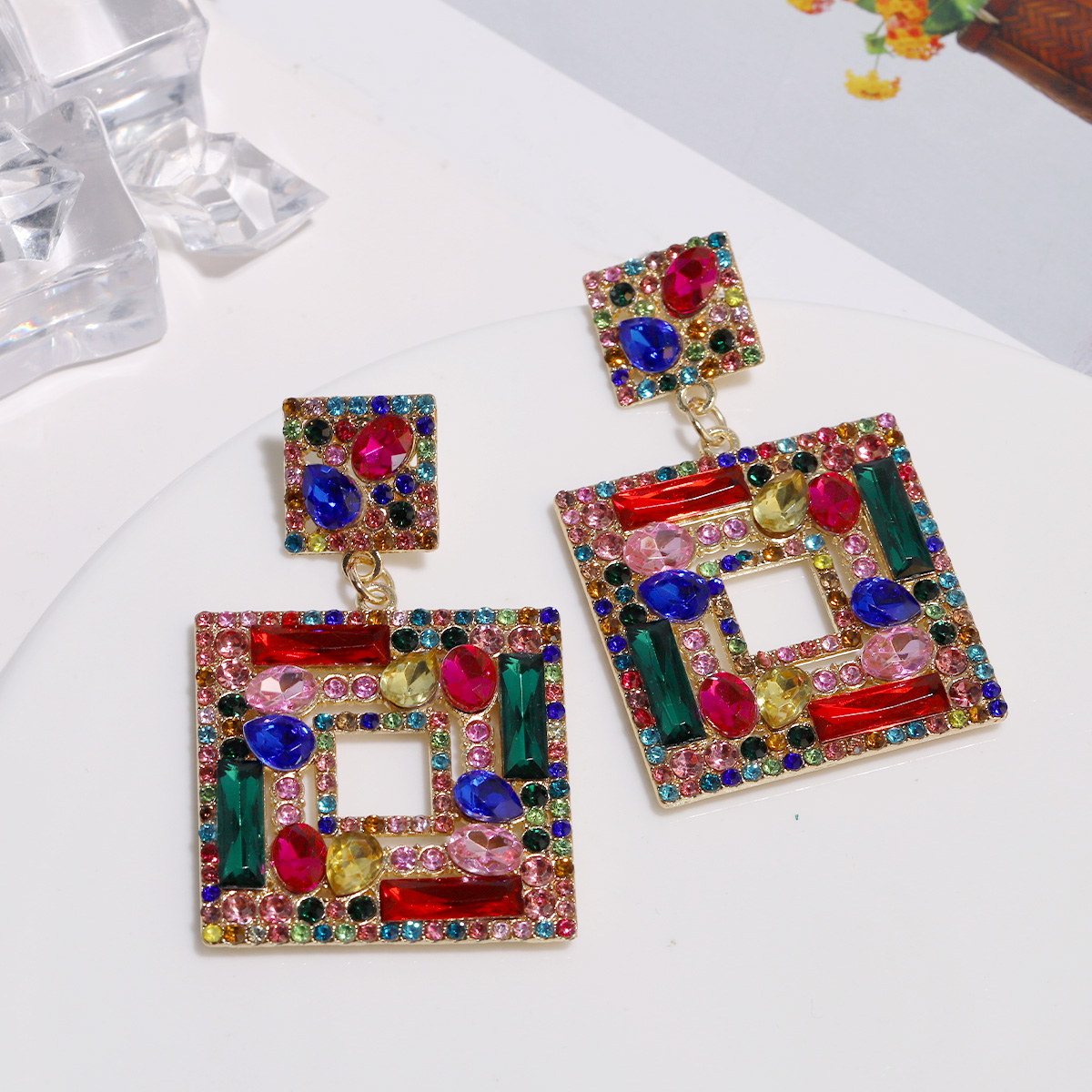 1 Pair Elegant Square Inlay Alloy Artificial Gemstones Drop Earrings display picture 1