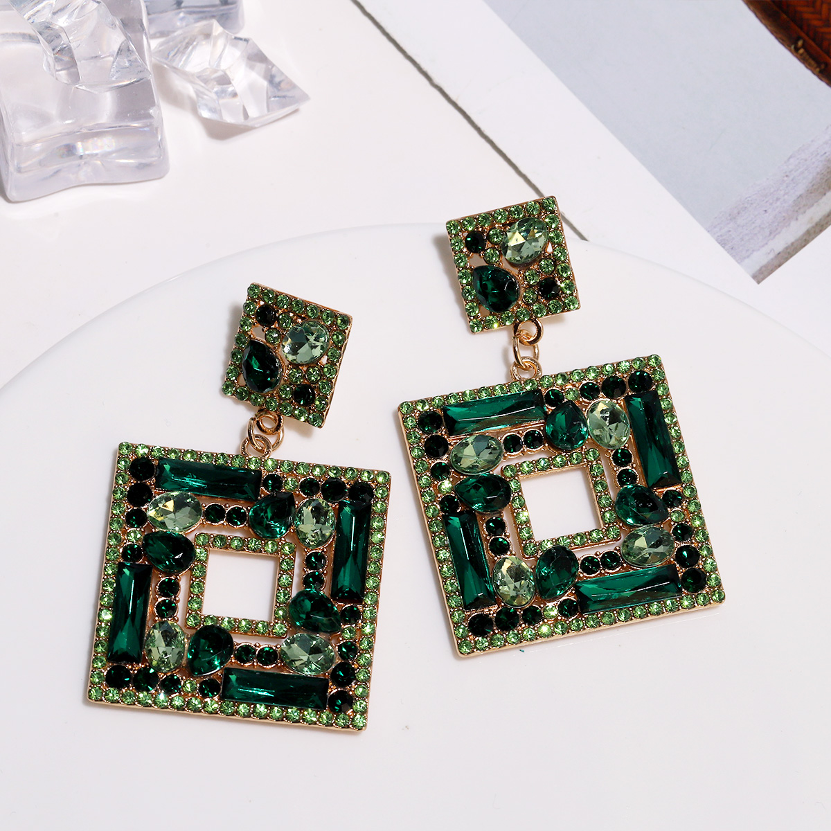 1 Pair Elegant Square Inlay Alloy Artificial Gemstones Drop Earrings display picture 3
