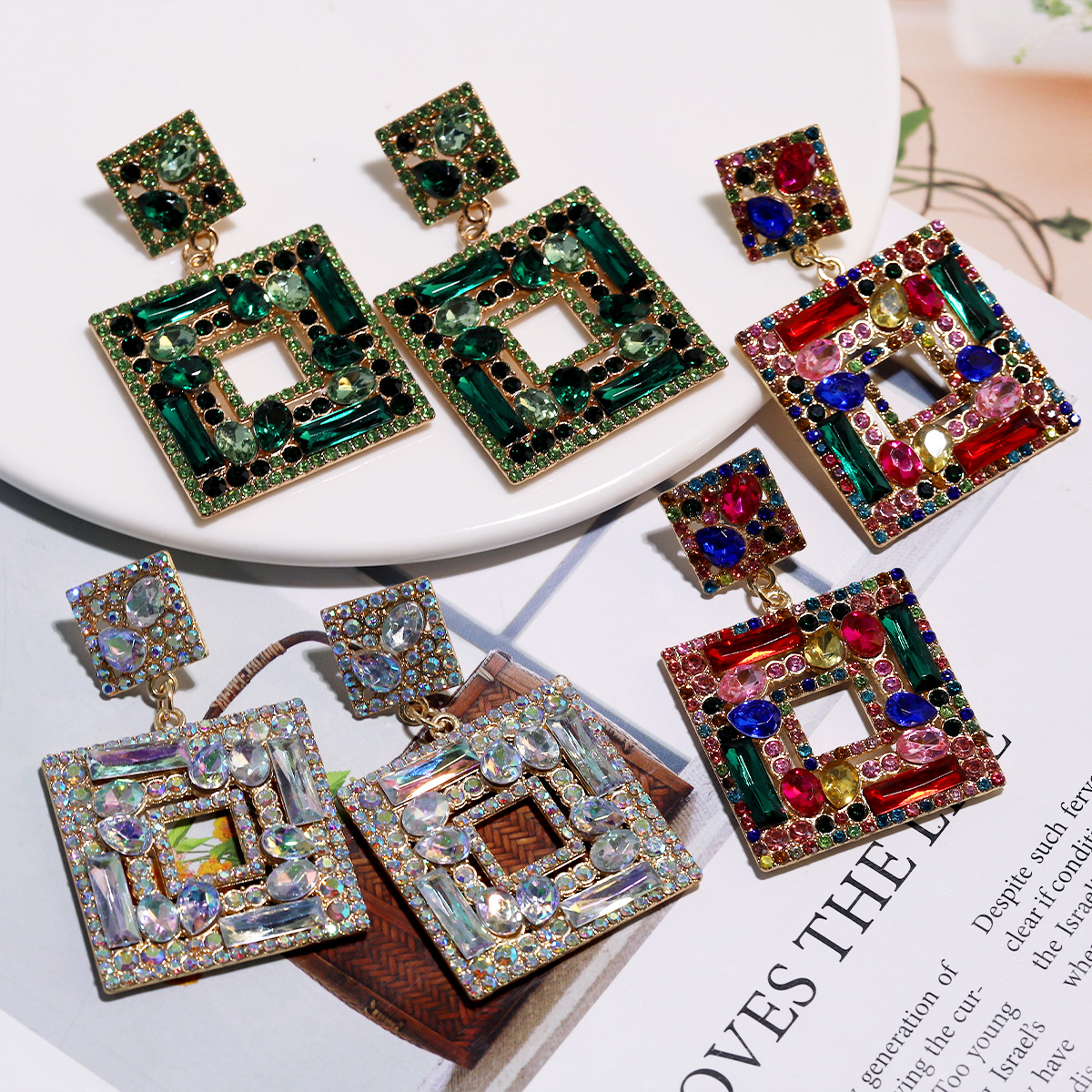 1 Pair Elegant Square Inlay Alloy Artificial Gemstones Drop Earrings display picture 4