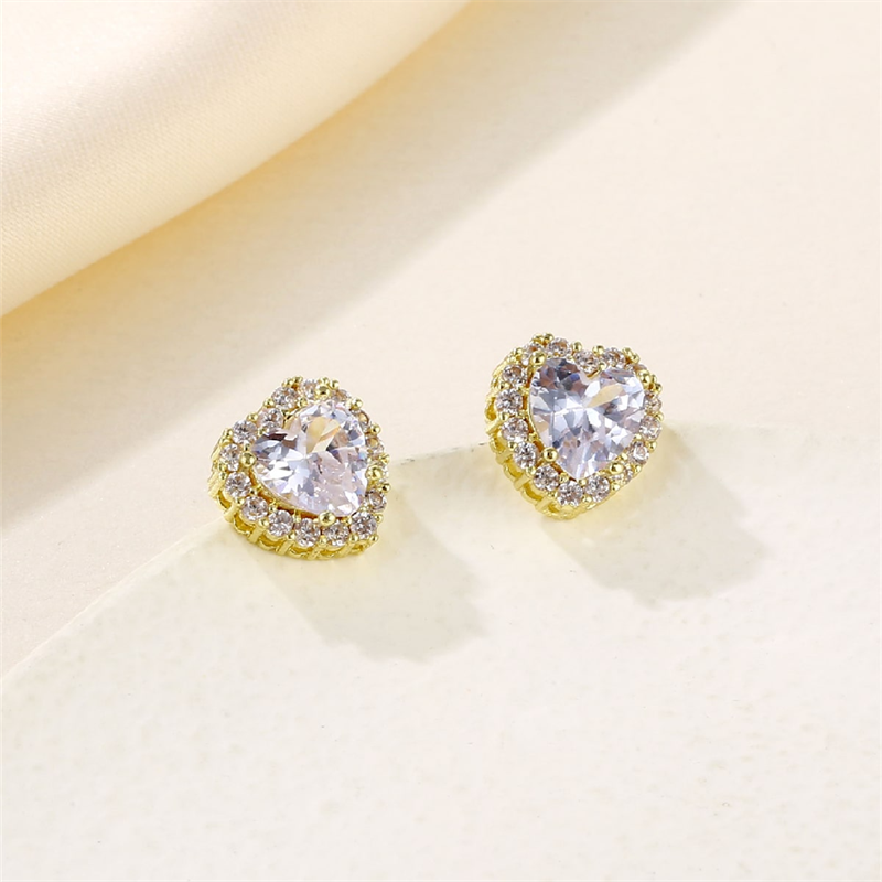 1 Pair Simple Style Heart Shape Plating Inlay Copper Zircon Rhodium Plated Ear Studs display picture 5