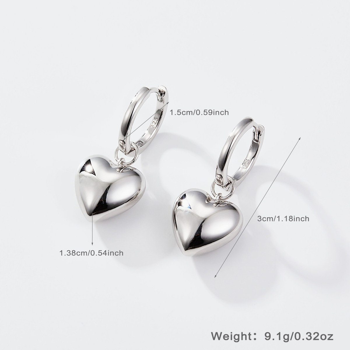 1 Pair Sweet Heart Shape Plating Sterling Silver White Gold Plated Drop Earrings display picture 1