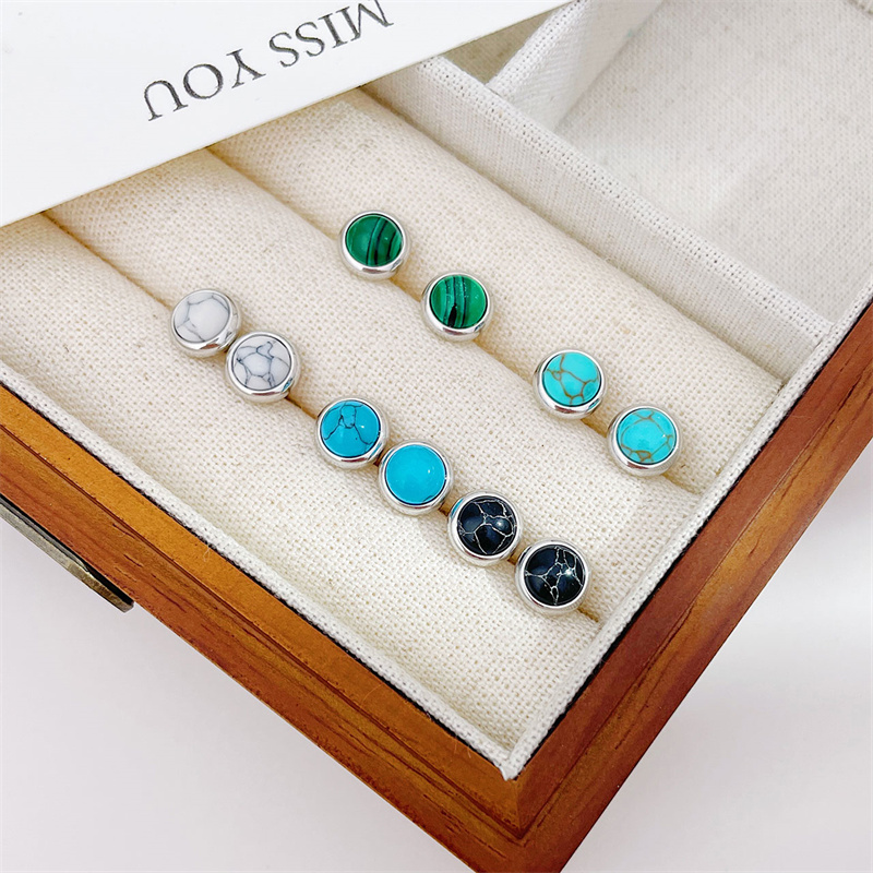 1 Pair Classic Style Round Texture Inlay Stainless Steel Turquoise Ear Studs display picture 5