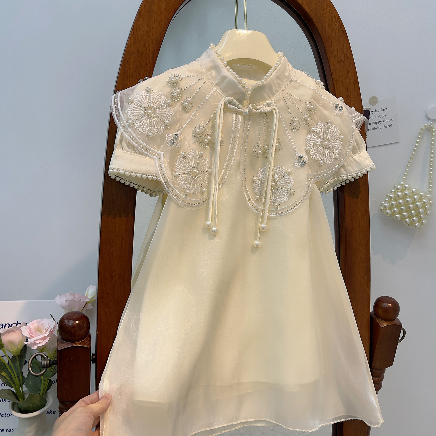 Chinoiserie Elegant Solid Color Lace Cotton Girls Dresses display picture 5