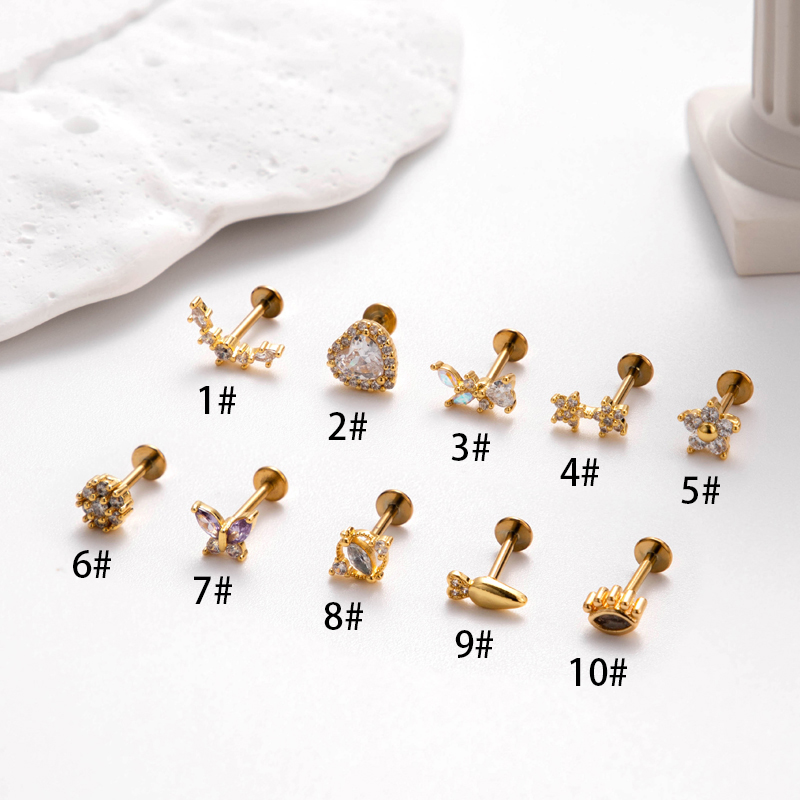 1 Piece Ear Cartilage Rings & Studs Simple Style Heart Shape Flower Bow Knot Pure Titanium Copper Inlay Zircon display picture 9