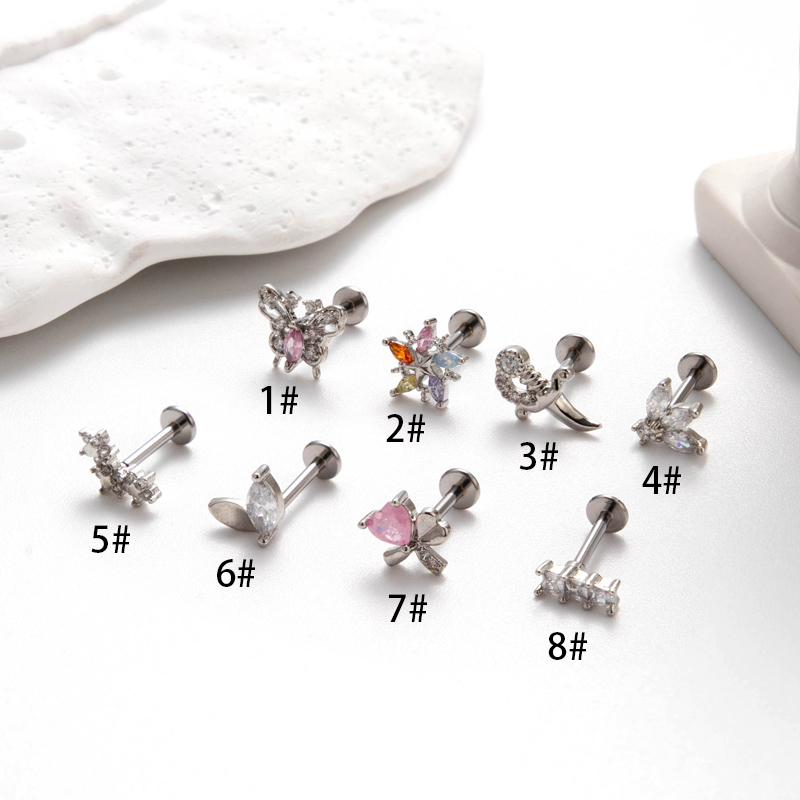 1 Stück Ohrknorpelringe &Stecker Einfacher Stil Herzform Blume Bogenknoten Reines Titan Kupfer Inlay Zirkon display picture 4