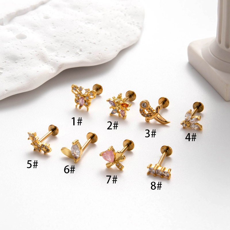 1 Stück Ohrknorpelringe &Stecker Einfacher Stil Herzform Blume Bogenknoten Reines Titan Kupfer Inlay Zirkon display picture 10