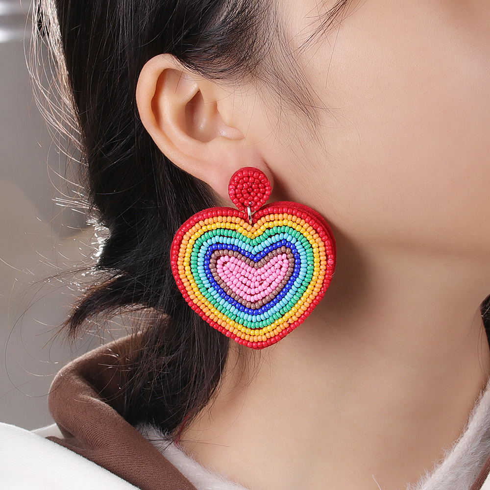 1 Pair Casual Sweet Artistic Rainbow Heart Shape Cloth Seed Bead Drop Earrings display picture 2