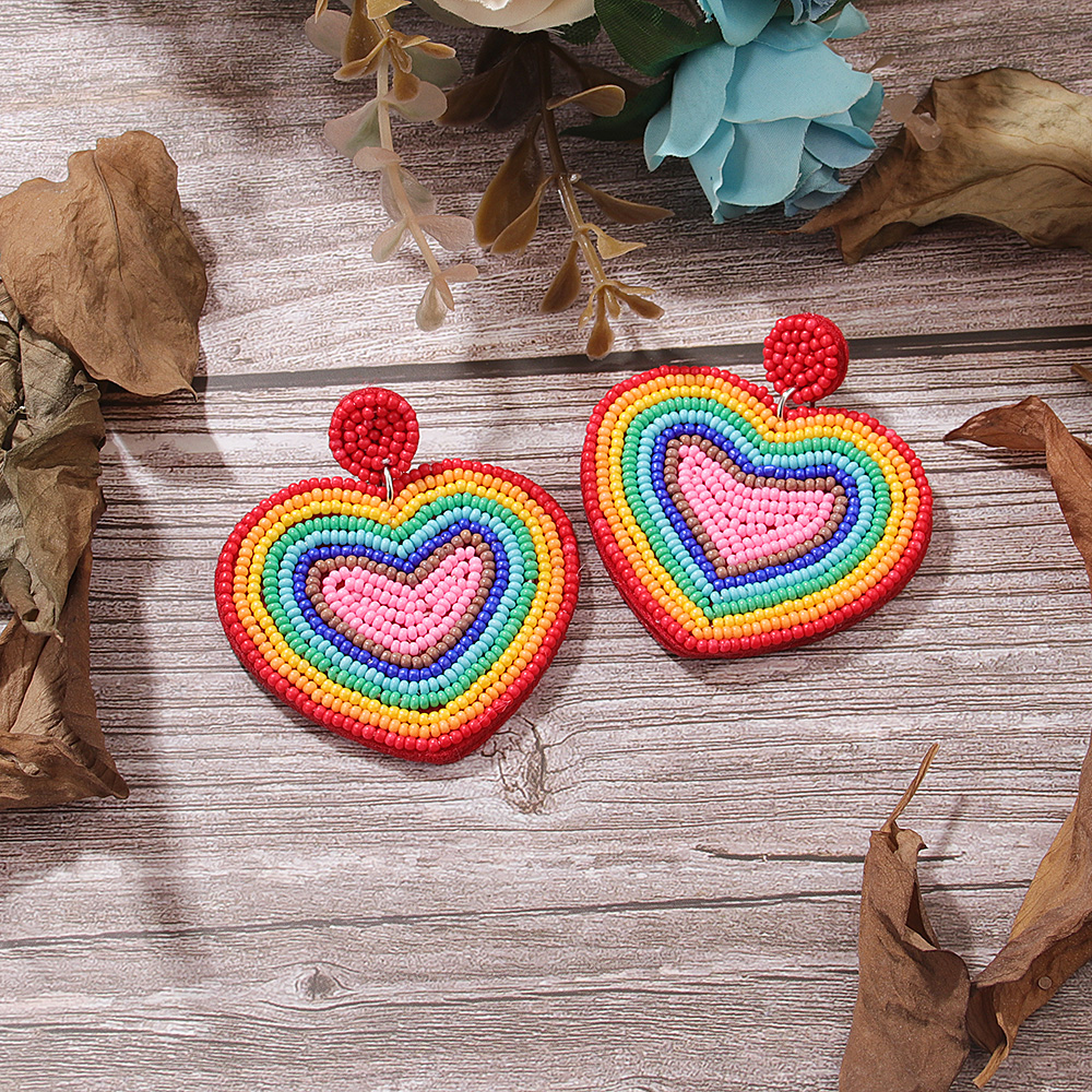 1 Pair Casual Sweet Artistic Rainbow Heart Shape Cloth Seed Bead Drop Earrings display picture 5