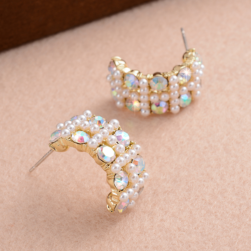 1 Pair Elegant Romantic Modern Style C Shape Plating Inlay Alloy Rhinestones Pearl 14k Gold Plated Ear Studs display picture 2
