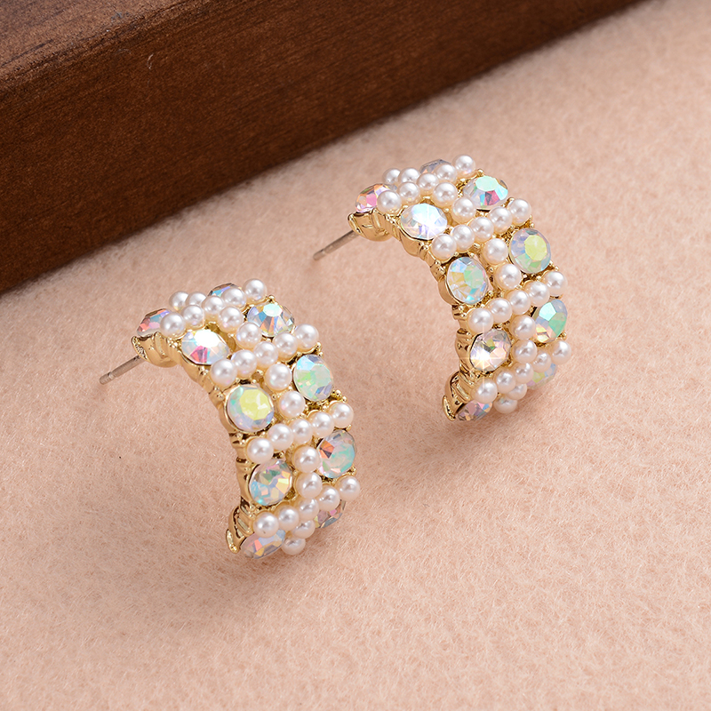 1 Pair Elegant Romantic Modern Style C Shape Plating Inlay Alloy Rhinestones Pearl 14k Gold Plated Ear Studs display picture 4
