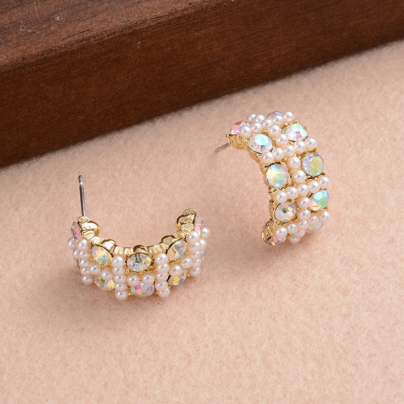 1 Pair Elegant Romantic Modern Style C Shape Plating Inlay Alloy Rhinestones Pearl 14k Gold Plated Ear Studs display picture 6