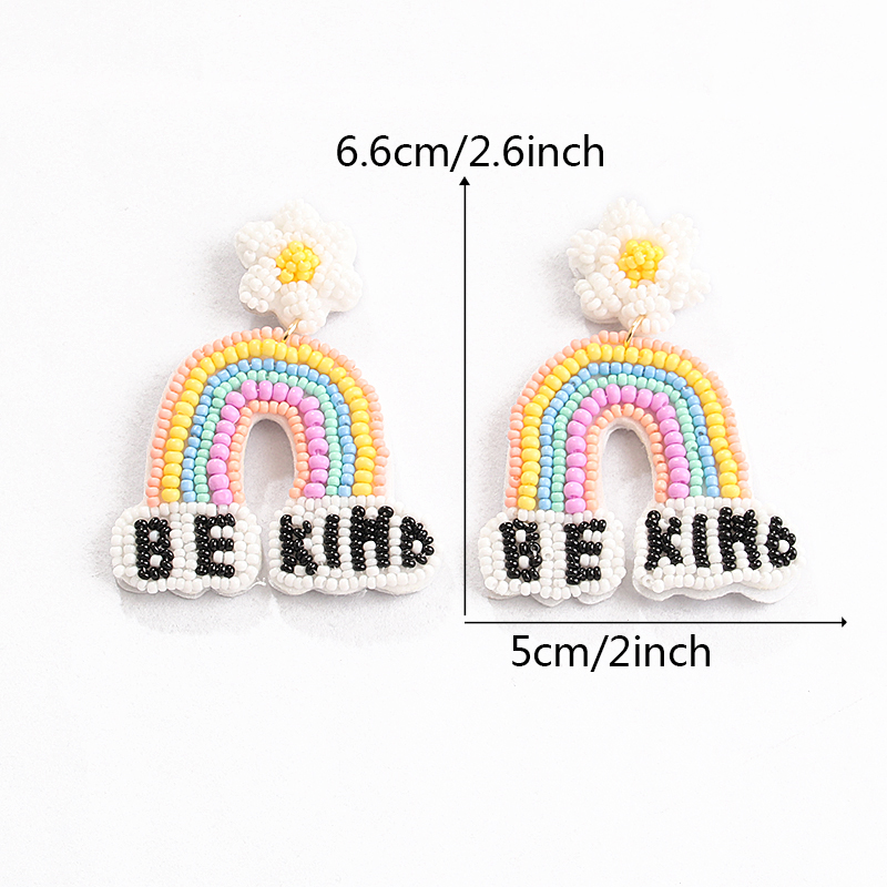 1 Pair Casual Sweet Artistic Letter Rainbow Flower Cloth Seed Bead Drop Earrings display picture 2