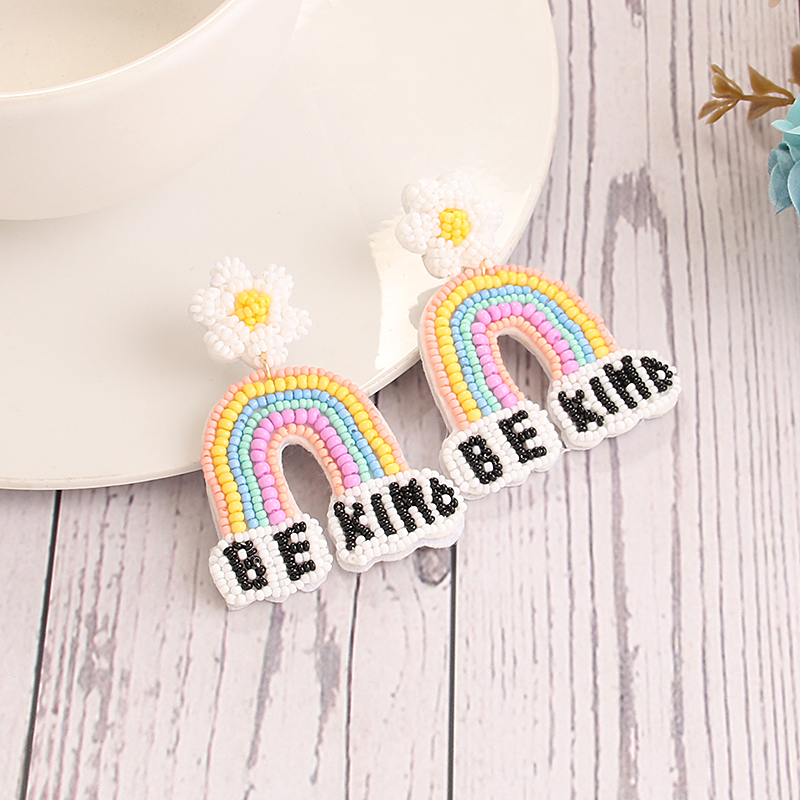 1 Pair Casual Sweet Artistic Letter Rainbow Flower Cloth Seed Bead Drop Earrings display picture 4