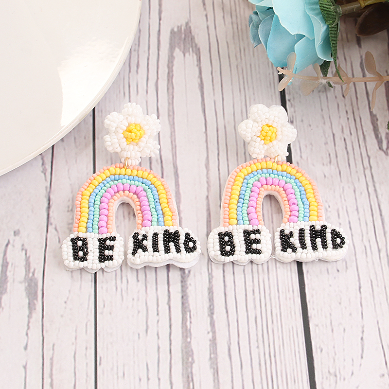 1 Pair Casual Sweet Artistic Letter Rainbow Flower Cloth Seed Bead Drop Earrings display picture 3