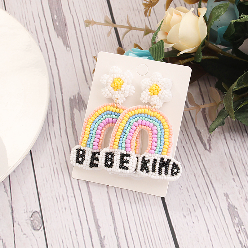 1 Pair Casual Sweet Artistic Letter Rainbow Flower Cloth Seed Bead Drop Earrings display picture 6