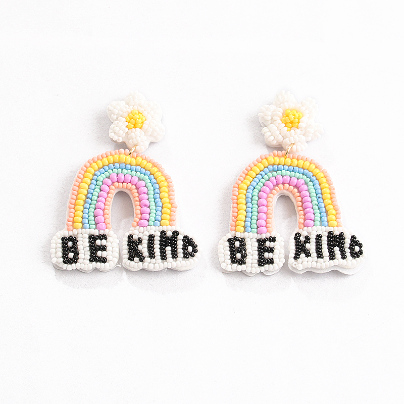 1 Pair Casual Sweet Artistic Letter Rainbow Flower Cloth Seed Bead Drop Earrings display picture 1