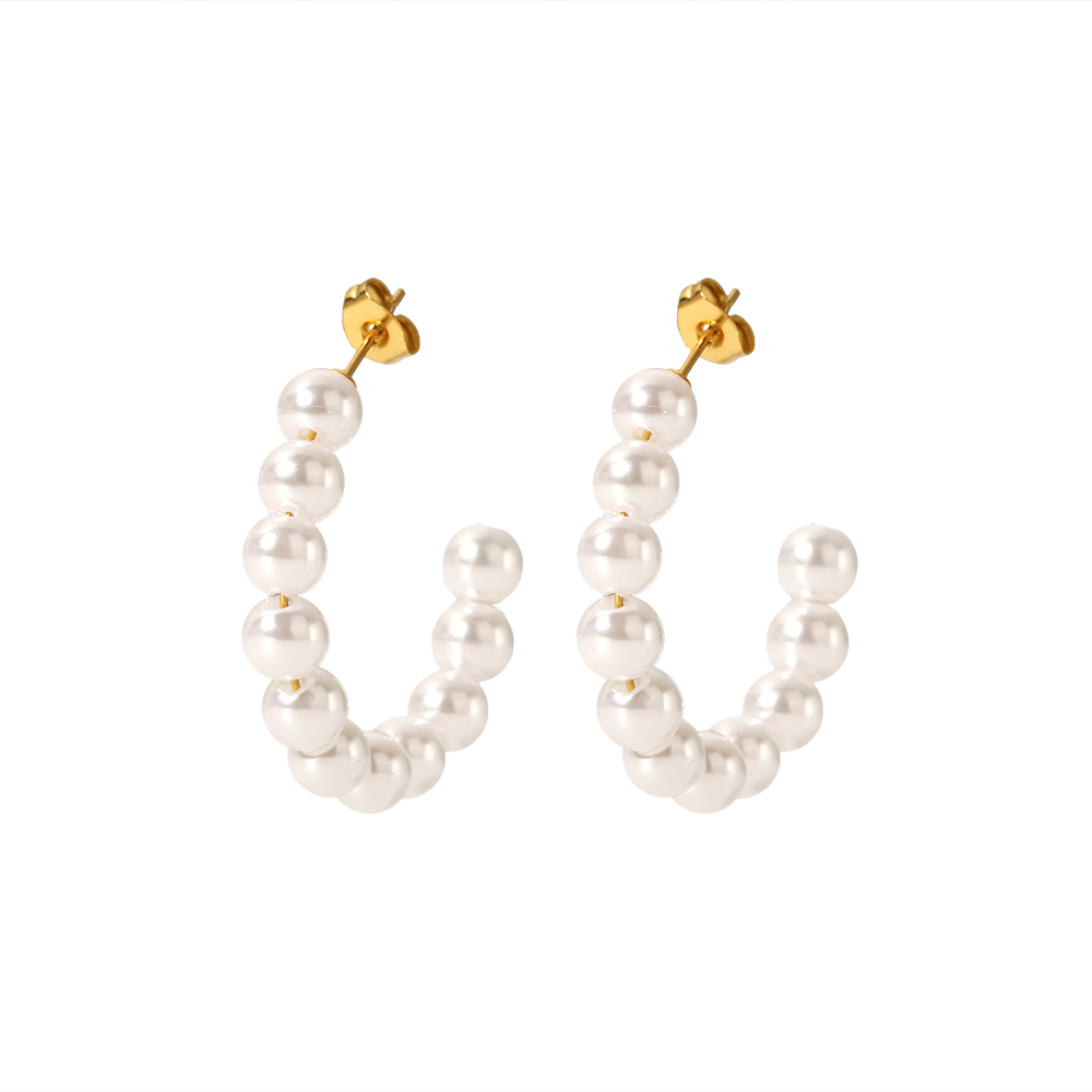 1 Pair Elegant French Style C Shape Beaded Plating 304 Stainless Steel Artificial Pearl 18K Gold Plated Ear Studs display picture 1