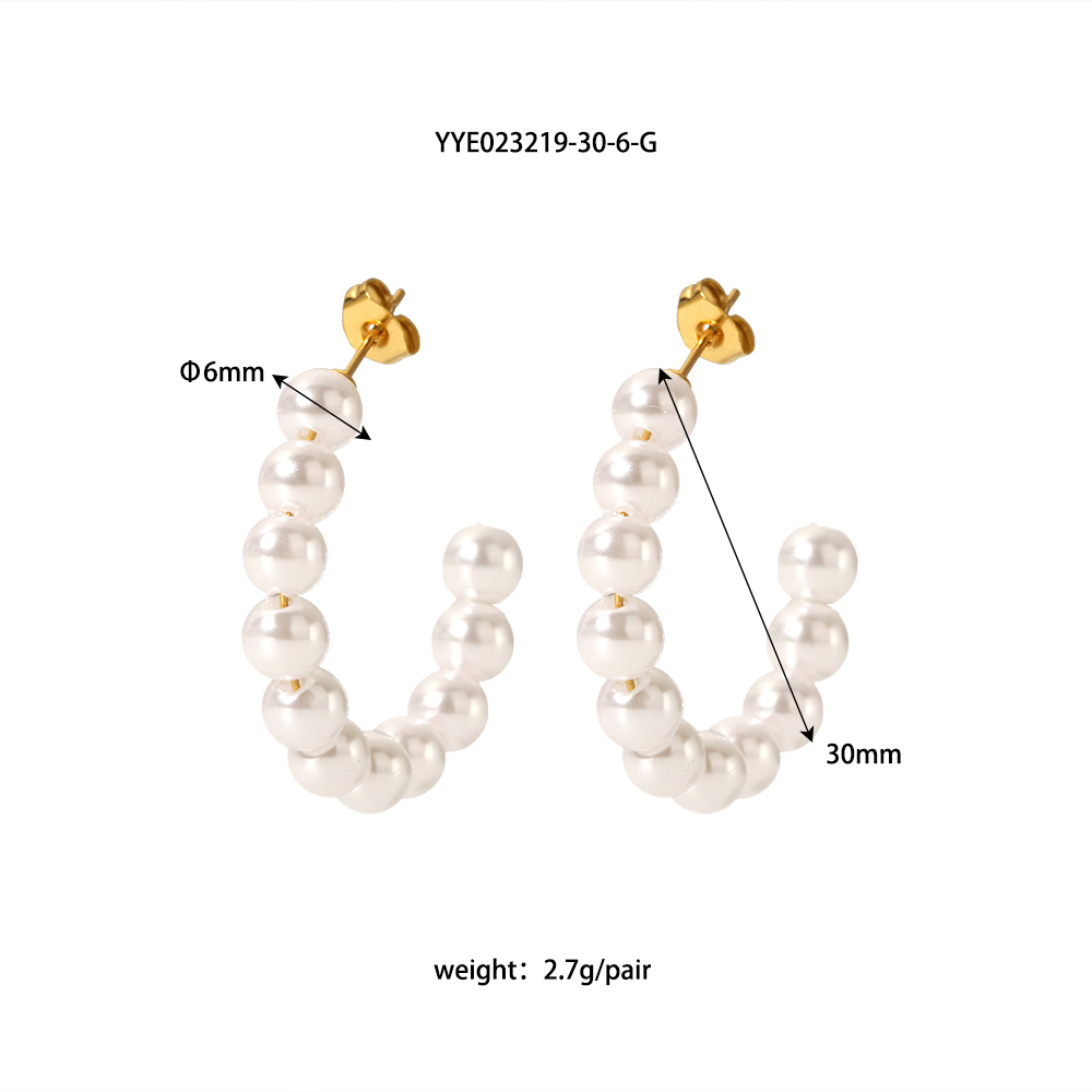 1 Pair Elegant French Style C Shape Beaded Plating 304 Stainless Steel Artificial Pearl 18K Gold Plated Ear Studs display picture 7