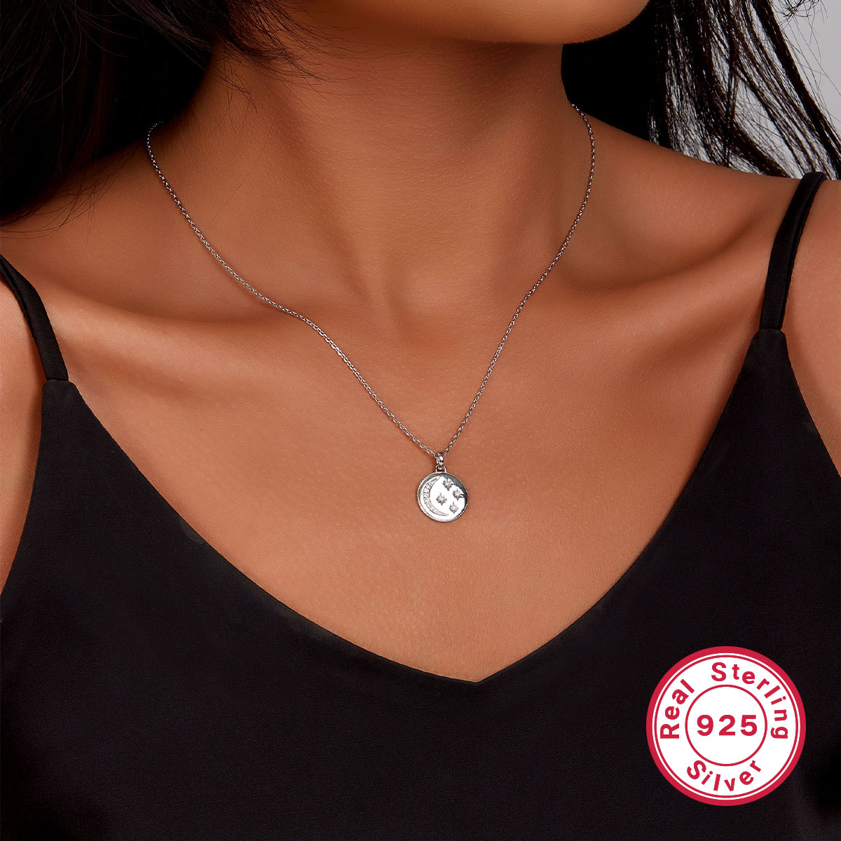 Style Vintage Style Simple Rond Star Lune Argent Sterling Placage Incruster Zircon Or Blanc Plaqué Pendentif display picture 6