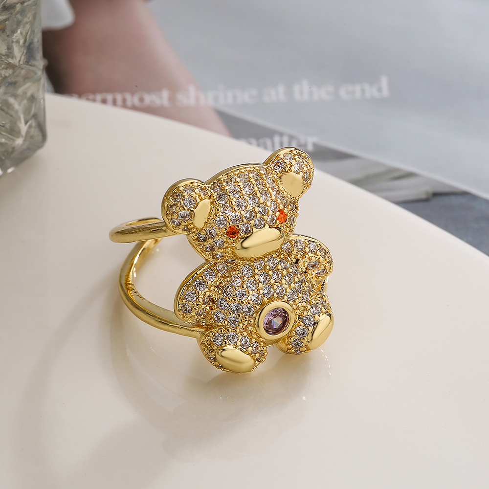 Cute Simple Style Little Bear Copper Plating Inlay Zircon 18k Gold Plated Open Rings display picture 4