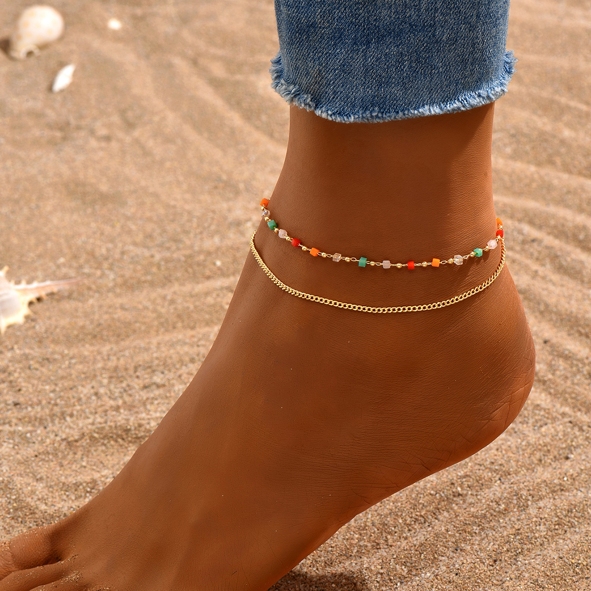 Fairy Style Beach Geometric Square 18k Gold Plated White Gold Plated Glass Copper Wholesale Anklet display picture 9