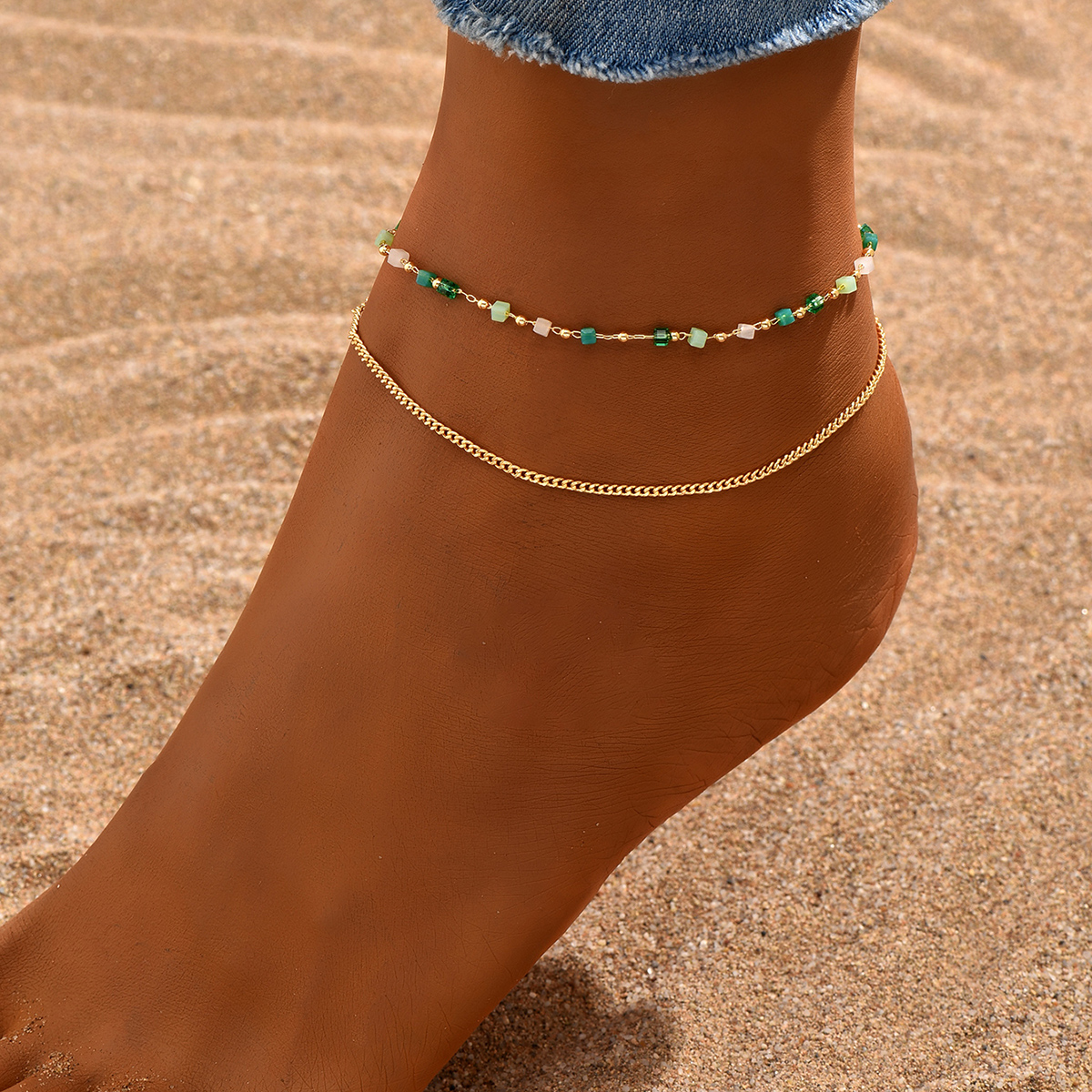 Fairy Style Beach Geometric Square 18k Gold Plated White Gold Plated Glass Copper Wholesale Anklet display picture 11