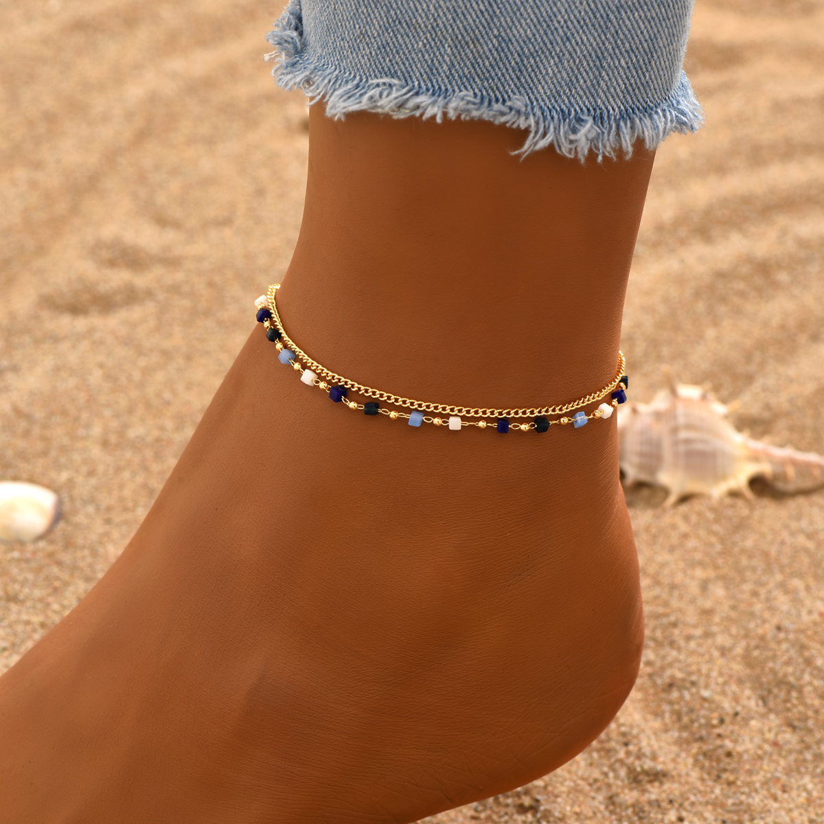 Fairy Style Beach Geometric Square 18k Gold Plated White Gold Plated Glass Copper Wholesale Anklet display picture 6