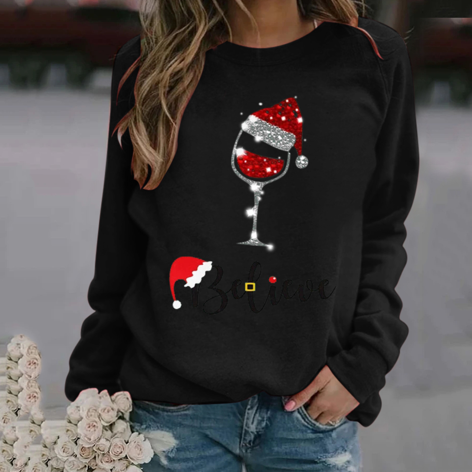 Women's Hoodie Long Sleeve Hoodies & Sweatshirts Printing Christmas Christmas Hat Letter Wine Glass display picture 1