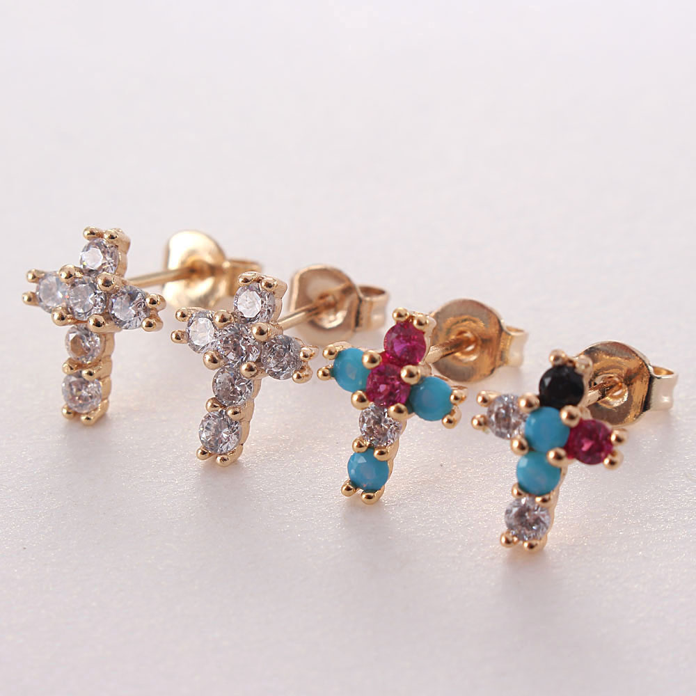 1 Pair Ig Style Korean Style Cross Plating Inlay Copper Zircon Gold Plated Ear Studs display picture 7