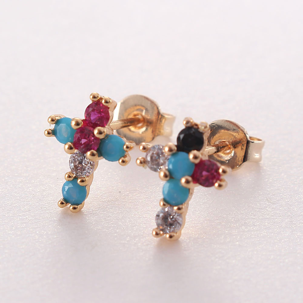 1 Pair Ig Style Korean Style Cross Plating Inlay Copper Zircon Gold Plated Ear Studs display picture 2
