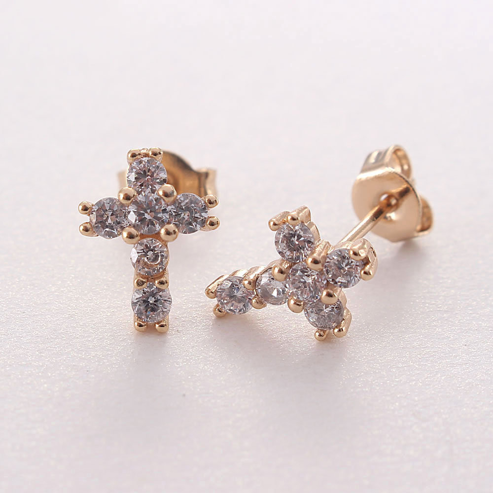 1 Pair Ig Style Korean Style Cross Plating Inlay Copper Zircon Gold Plated Ear Studs display picture 4
