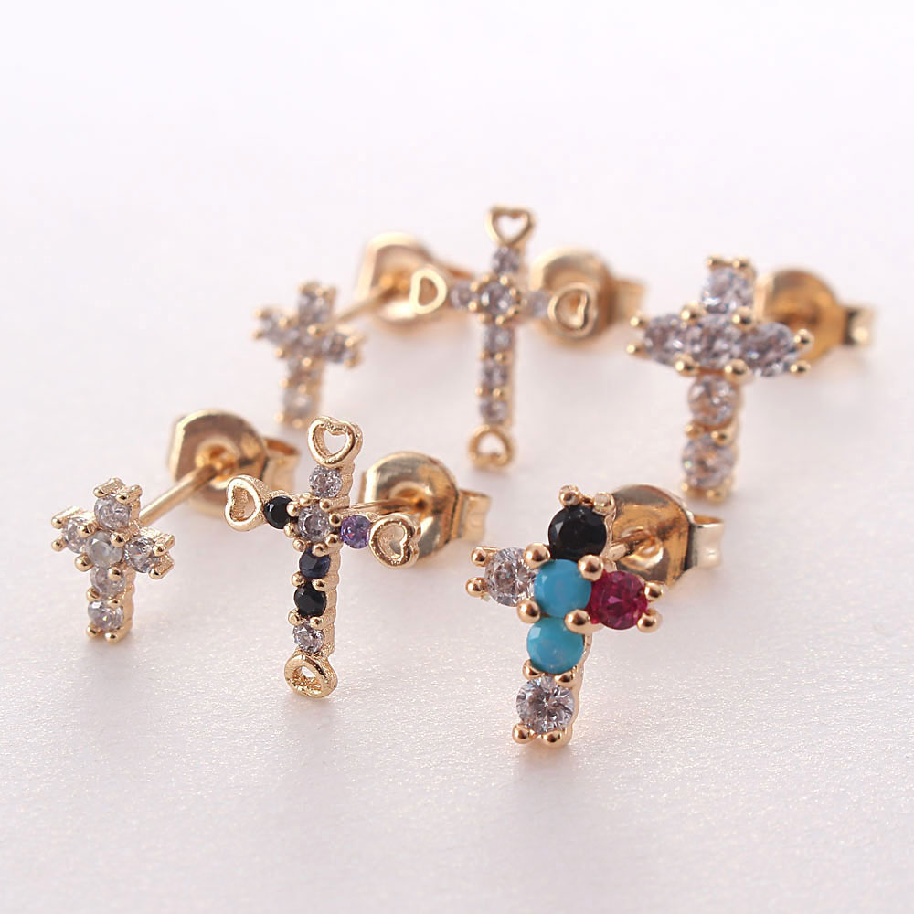 1 Pair Ig Style Korean Style Cross Plating Inlay Copper Zircon Gold Plated Ear Studs display picture 1