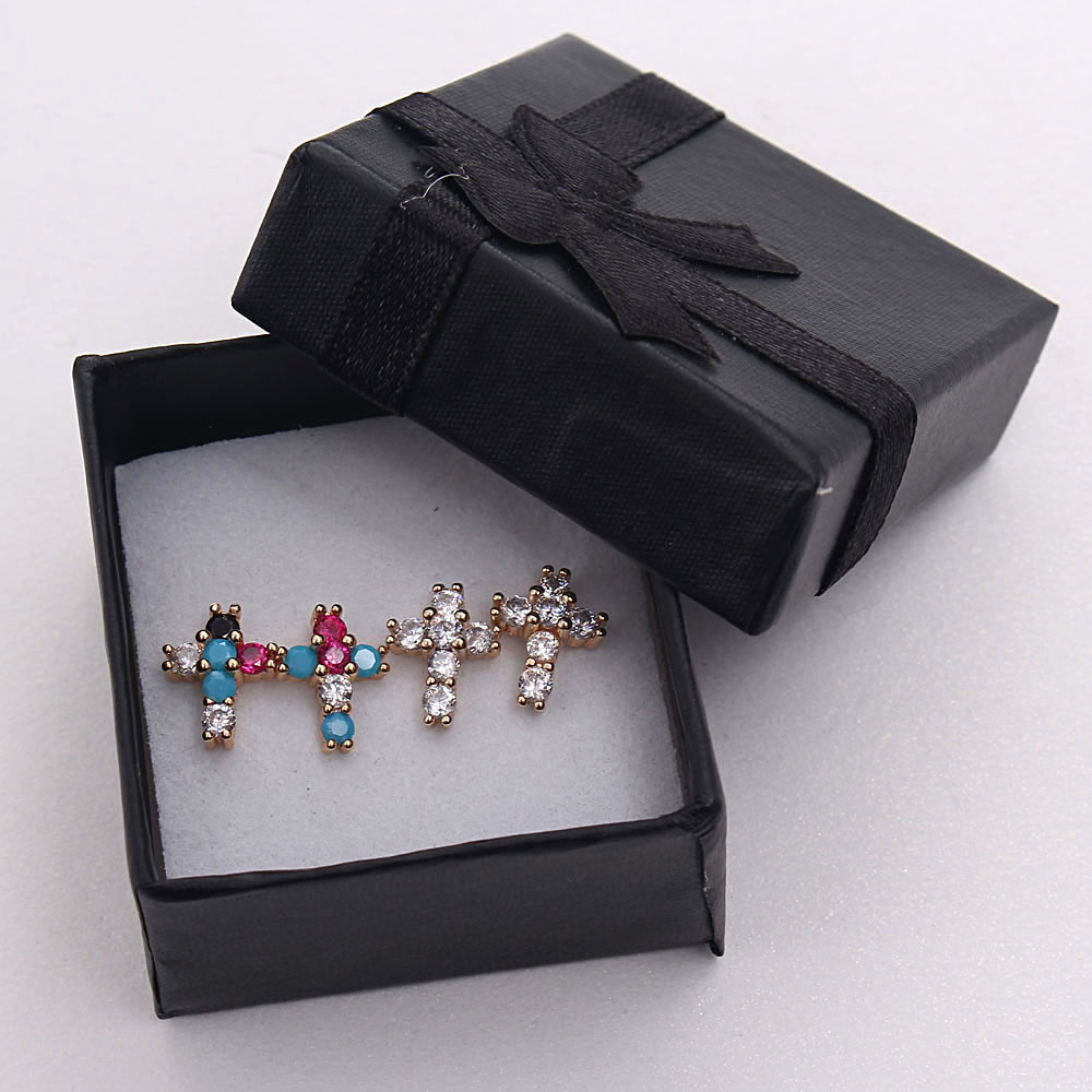 1 Pair Ig Style Korean Style Cross Plating Inlay Copper Zircon Gold Plated Ear Studs display picture 10