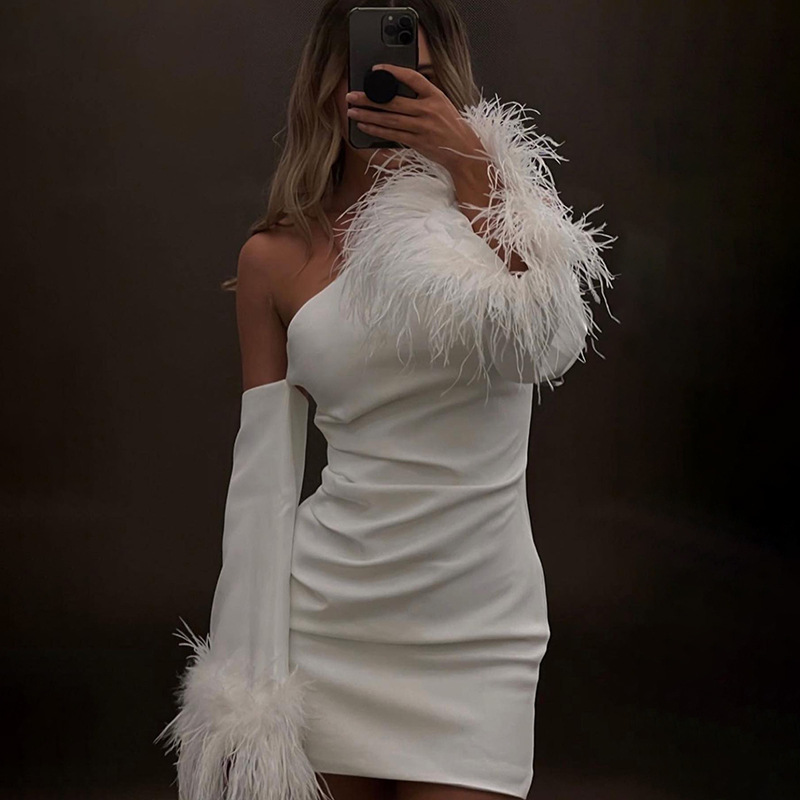 Women's Sheath Dress Sexy Oblique Collar Feather Long Sleeve Solid Color Above Knee Party display picture 7