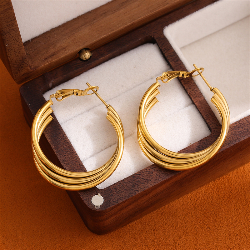 1 Pair Retro Simple Style C Shape Round Plating Stainless Steel 18K Gold Plated Hoop Earrings display picture 4